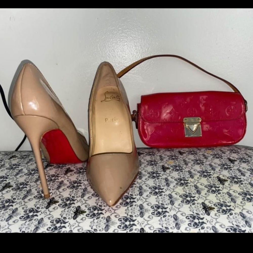 Christian Louboutin Beige Patent Pointed-Toe Stiletto Pumps